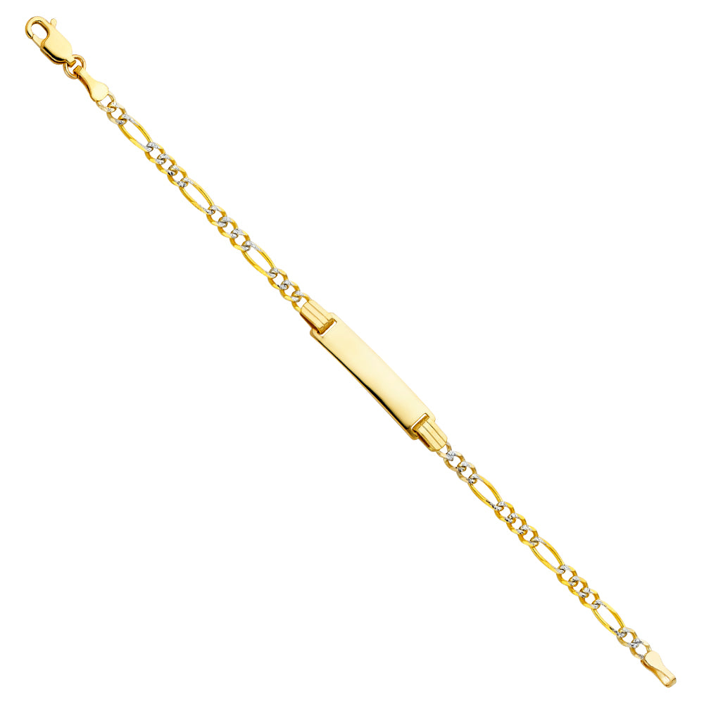14k Yellow Gold 6" Diamond-Cut Pave Figaro ID Bracelet Lobster Clasp Polished