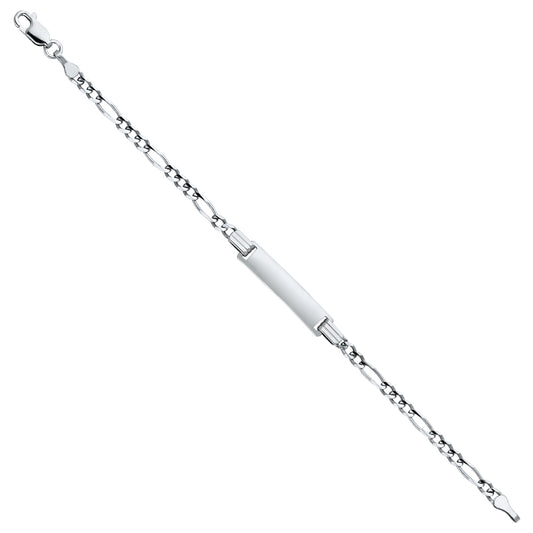 14k White Gold 6" Diamond-Cut Figaro ID Bracelet Lobster Clasp High Polished