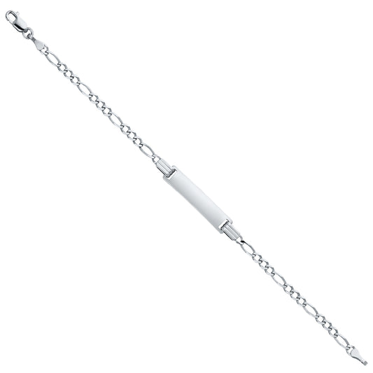 14k White Gold 6" Diamond-Cut Figaro ID Bracelet Lobster Clasp High Polished
