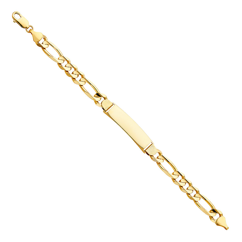 14k Yellow Gold 8.5" Diamond-Cut Figaro ID Bracelet High Polished Lobster Clasp