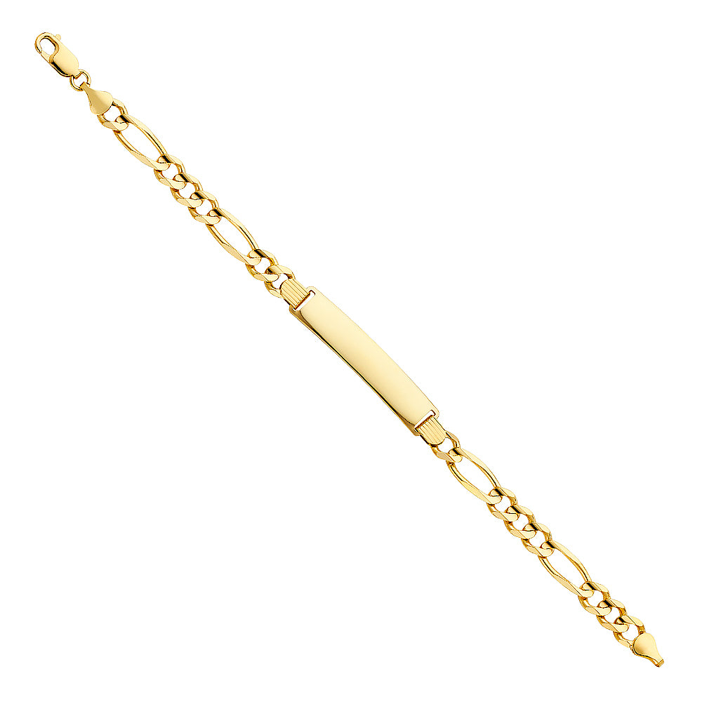 14k Yellow Gold 8.5" Diamond-Cut Figaro ID Bracelet High Polished Lobster Clasp