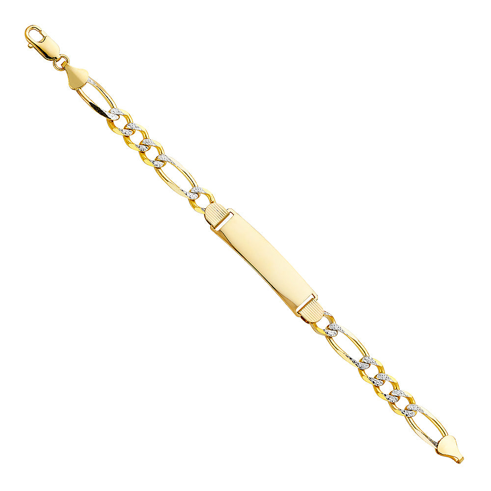 14k Yellow Gold 8.5" Diamond-Cut Pave Figaro ID Bracelet Polished Lobster Clasp