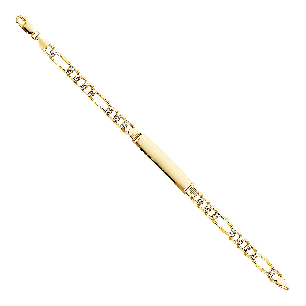 14k Yellow Gold 8.5" Diamond-Cut Pave Figaro ID Bracelet Polished Lobster Clasp