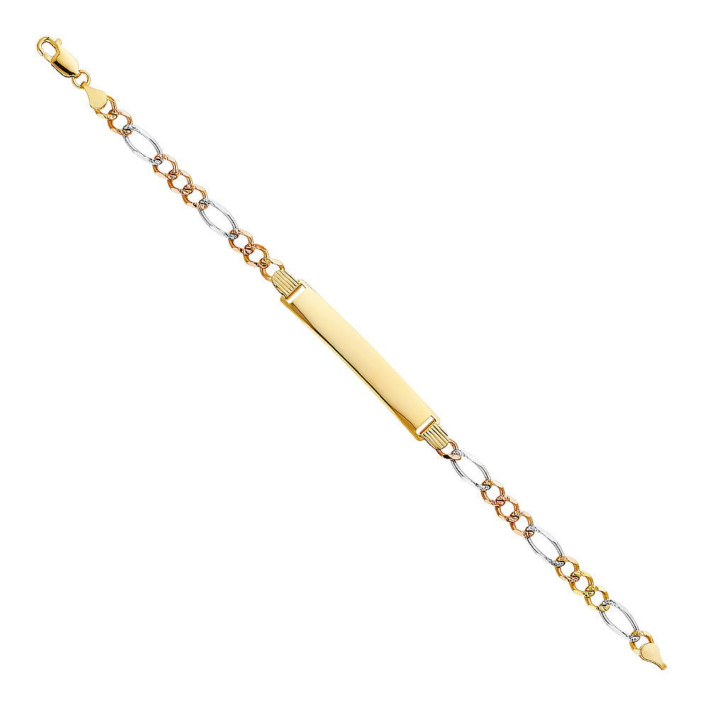 14k Yellow White Rose Gold 7.5" Diamond-Cut Figaro ID Bracelet Lobster Clasp