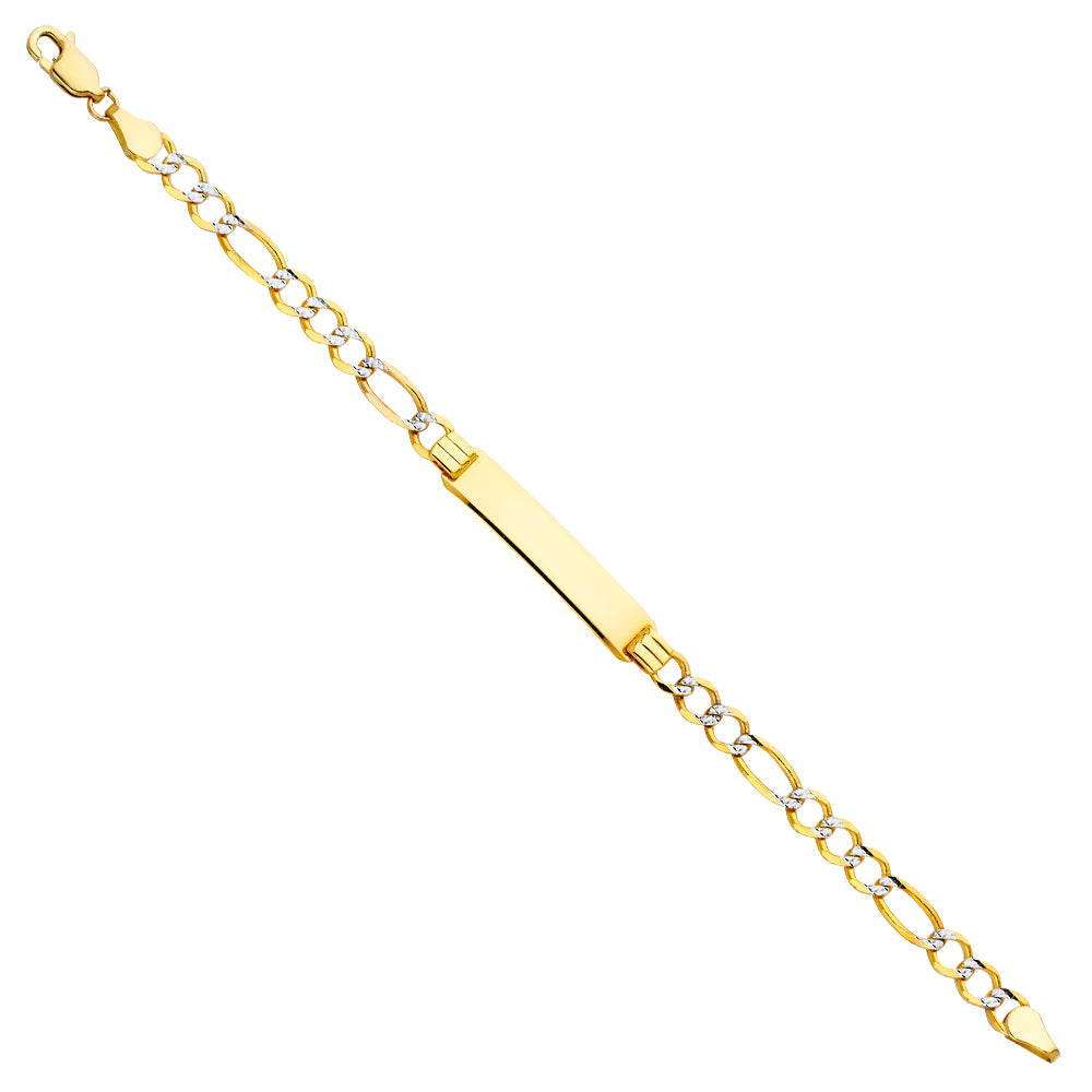 14k Yellow Gold 6" Fancy Diamond-Cut Pave Figaro Link ID Bracelet High Polished