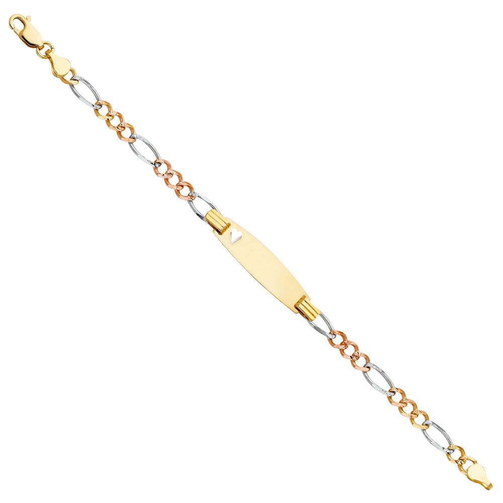14k Yellow White Rose Gold Diamond-Cut Figaro 6" Tri Color ID Bracelet w/ Heart