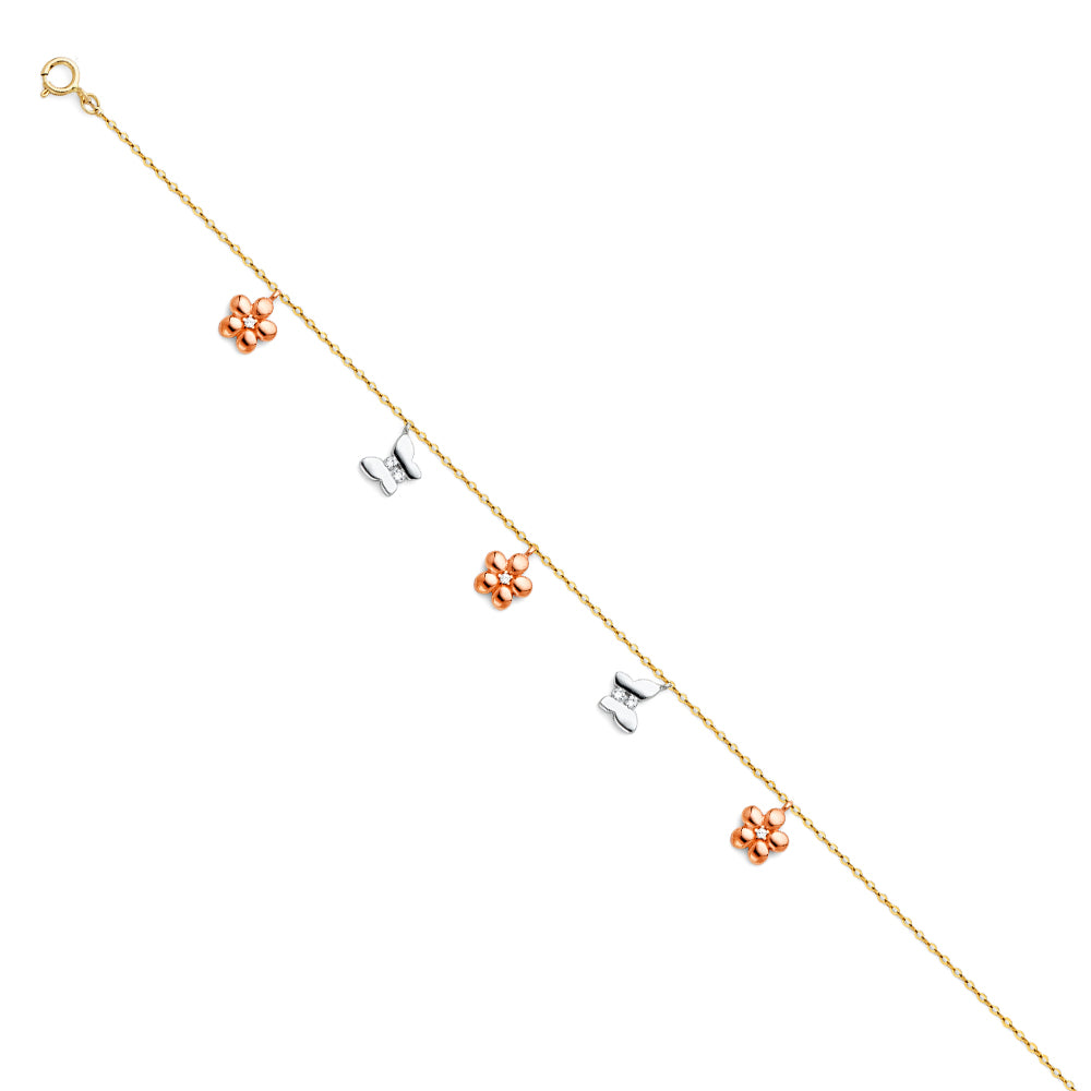 14k Yellow Gold 9" + 1" Extension Cable Chain Flower Butterfly Anklet Bracelet