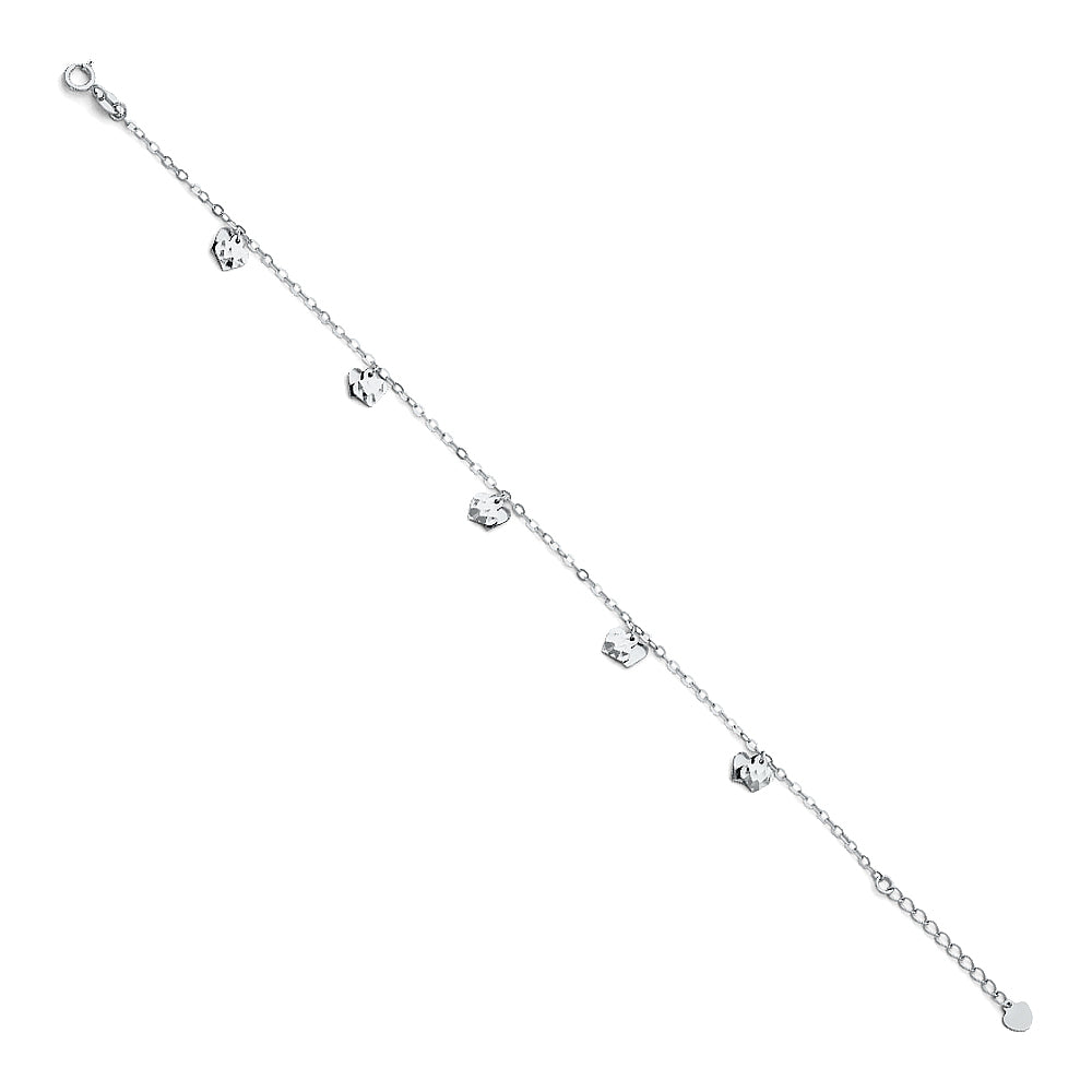 14k White Gold 9" + 1" Extension Cable Chain w/ Hearts Bracelet Anklet