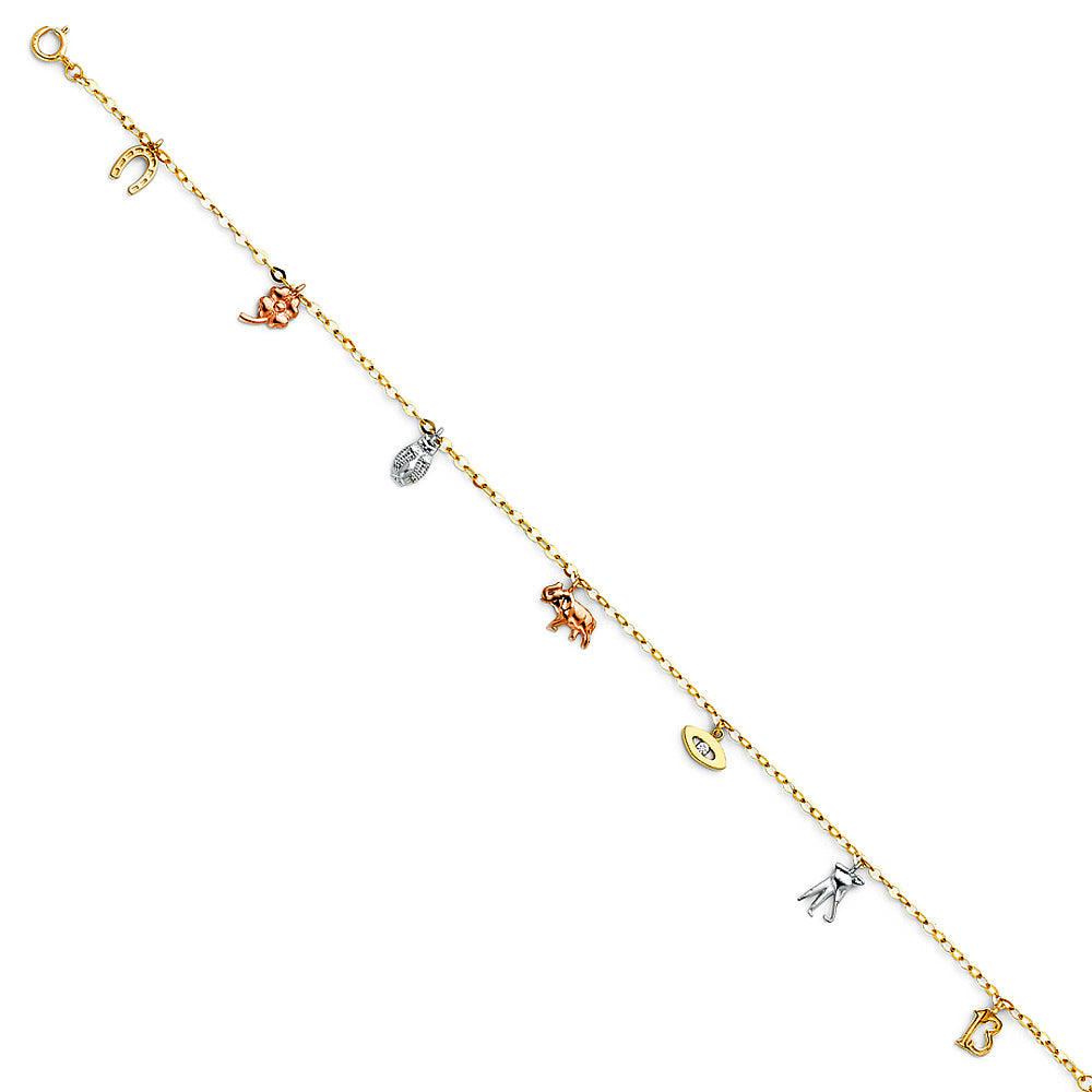 14k Yellow Gold 9" + 1" Extension Cable Chain Lucky Charms Anklet Bracelet