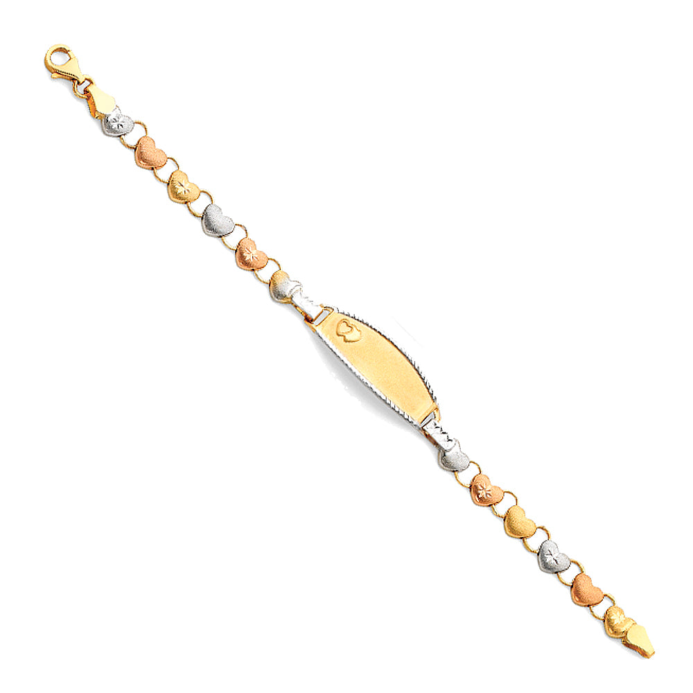 14k Yellow White Rose Gold ID Bracelet w/ Hearts 6" Tri Color Pear Clasp