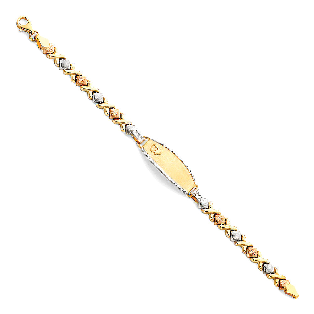 14k Yellow White Rose Gold ID Bracelet w/ Hearts Kisses 6" Tri Color Pear Clasp