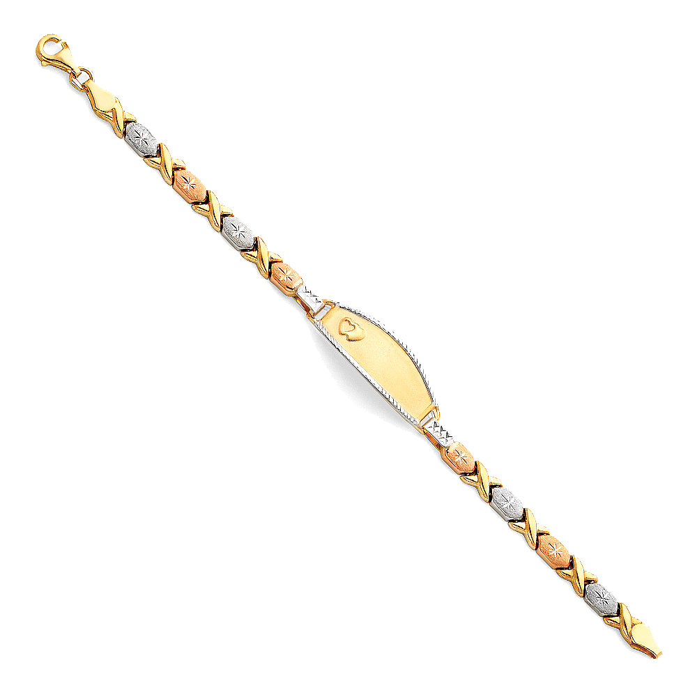 14k Yellow White Rose Gold ID Bracelet w/ Hearts Kisses 6" Tri Color Pear Clasp