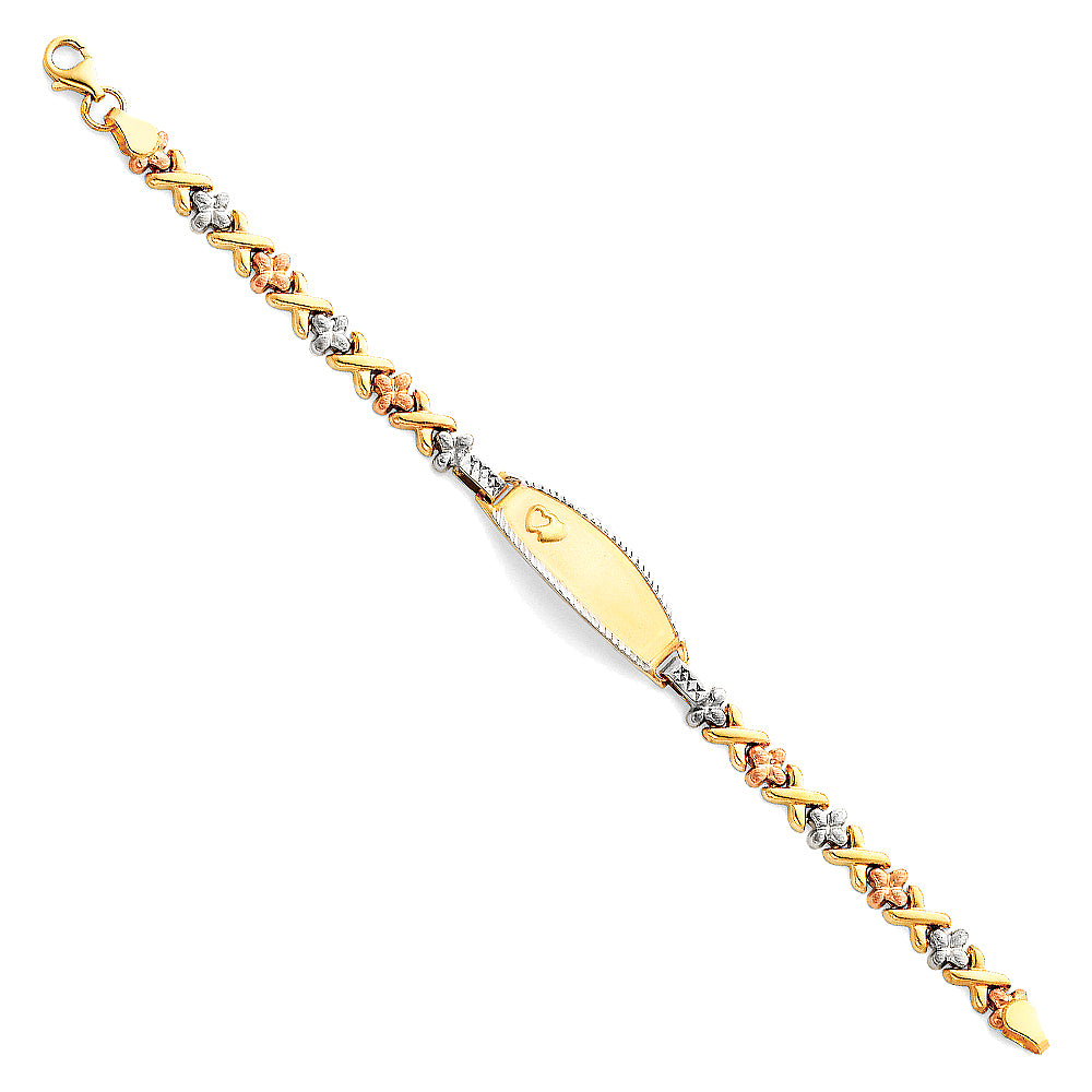 14k Yellow White Rose Gold ID Bracelet w/ Hearts Kisses 6" Tri Color Pear Clasp