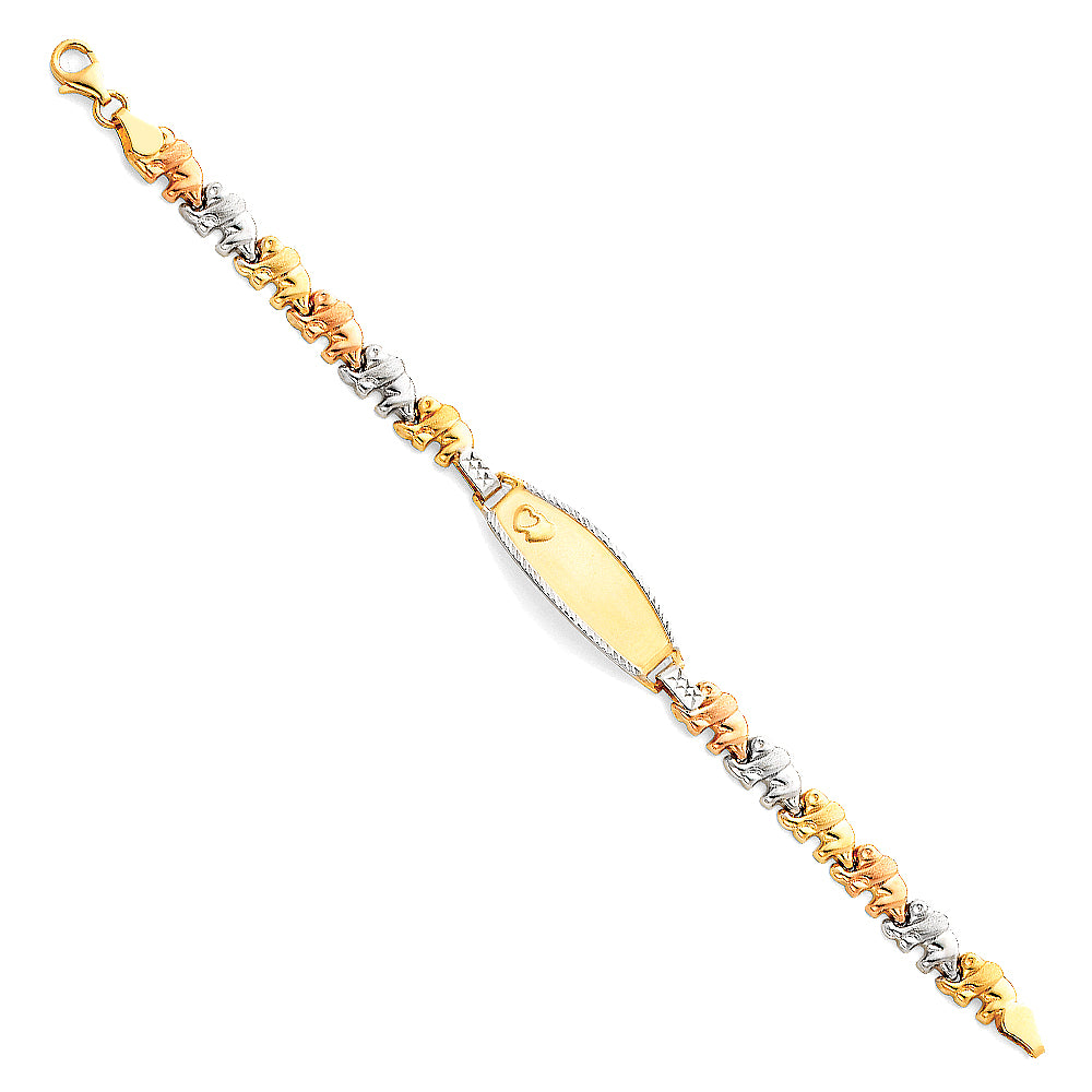 14k Yellow White Rose Gold ID Bracelet w/ Elephants 6" Tri Color Pear Clasp