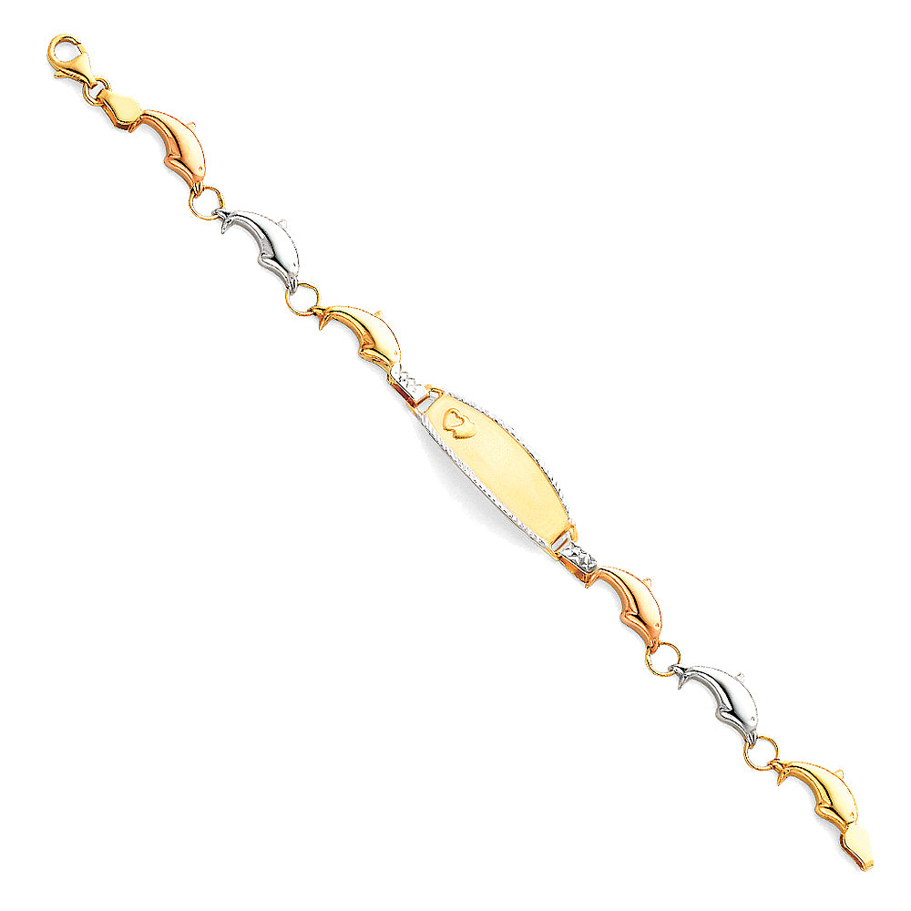 14k Yellow White Rose Gold ID Bracelet w/ Dolphins 6" Tri Color Pear Clasp