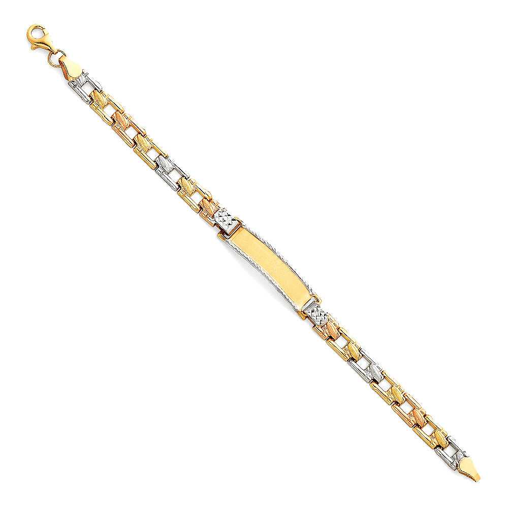 14k Yellow White Rose Gold ID Bracelet Square Curb 6" Tri Color Pear Clasp