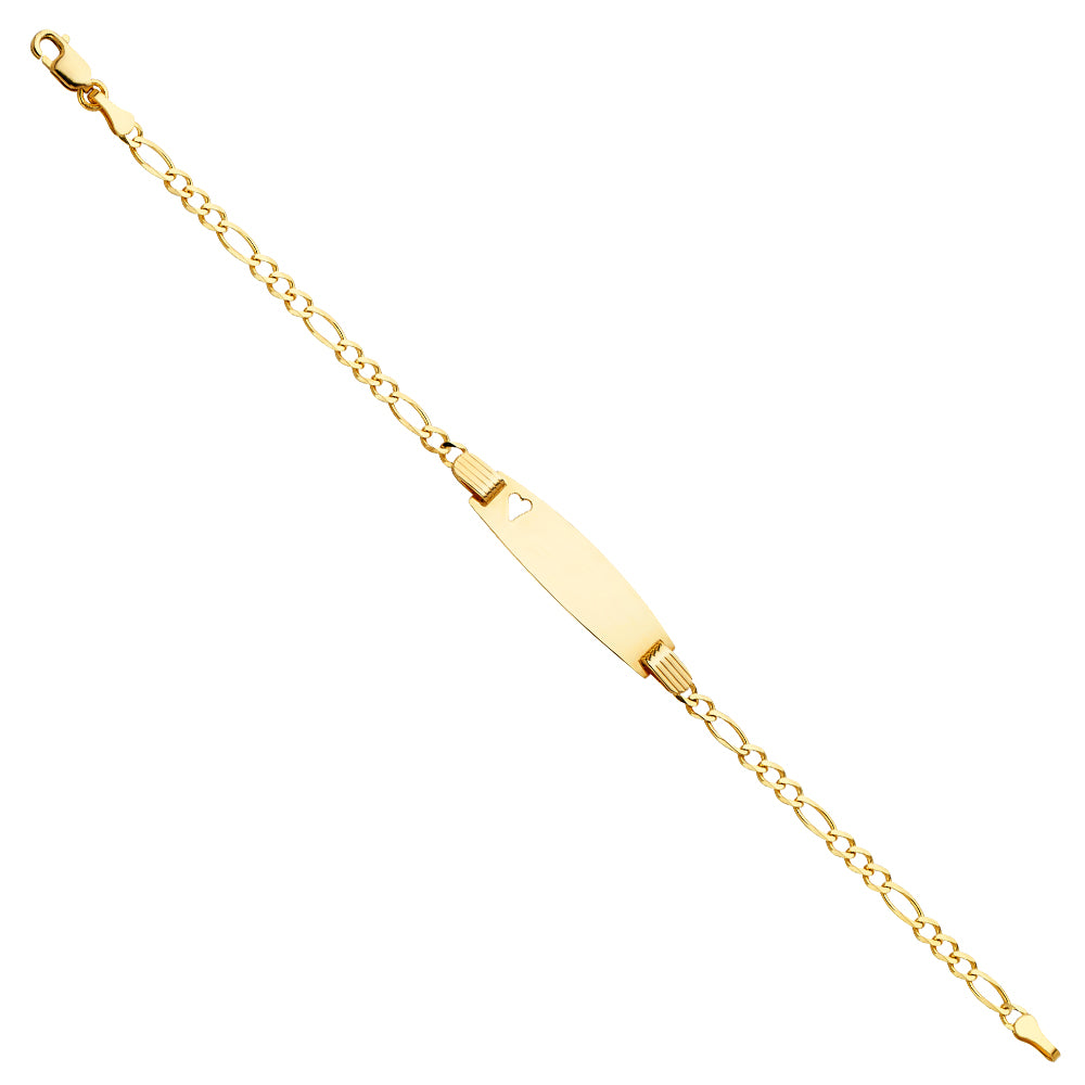 14k Yellow Gold 6" Diamond-Cut Figaro ID Bracelet w/ Heart High Polished