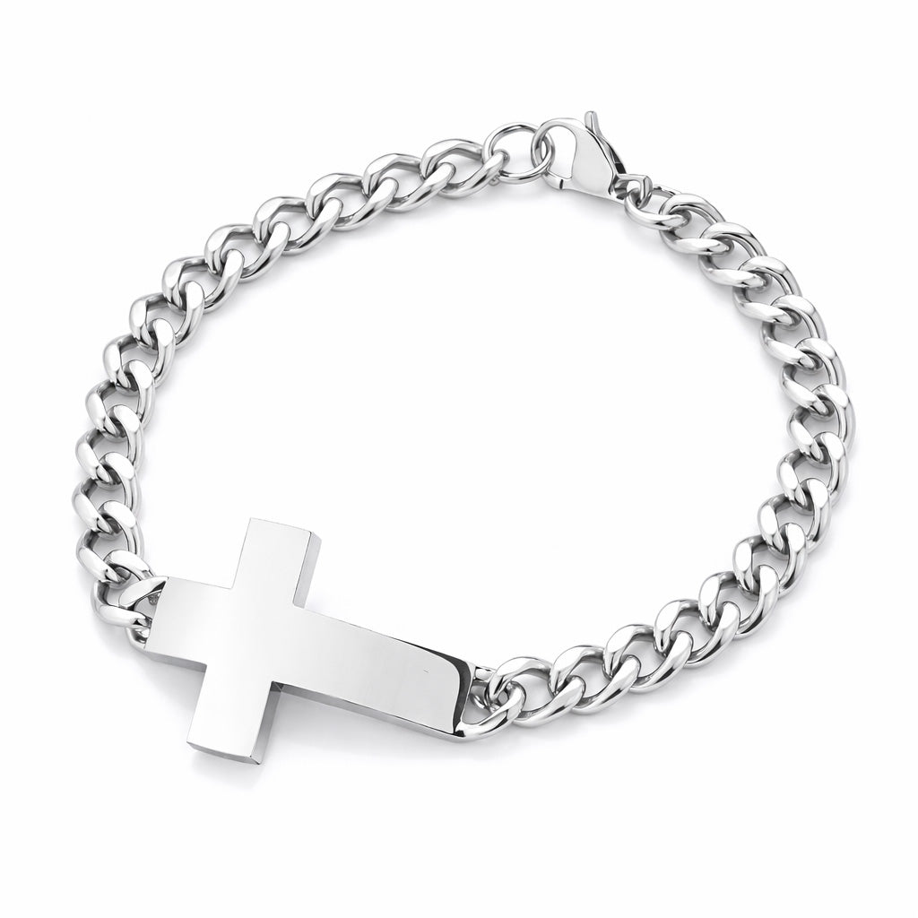 Stainless Steel Curb Link Sideways Cross ID Bracelet Anklet Chain