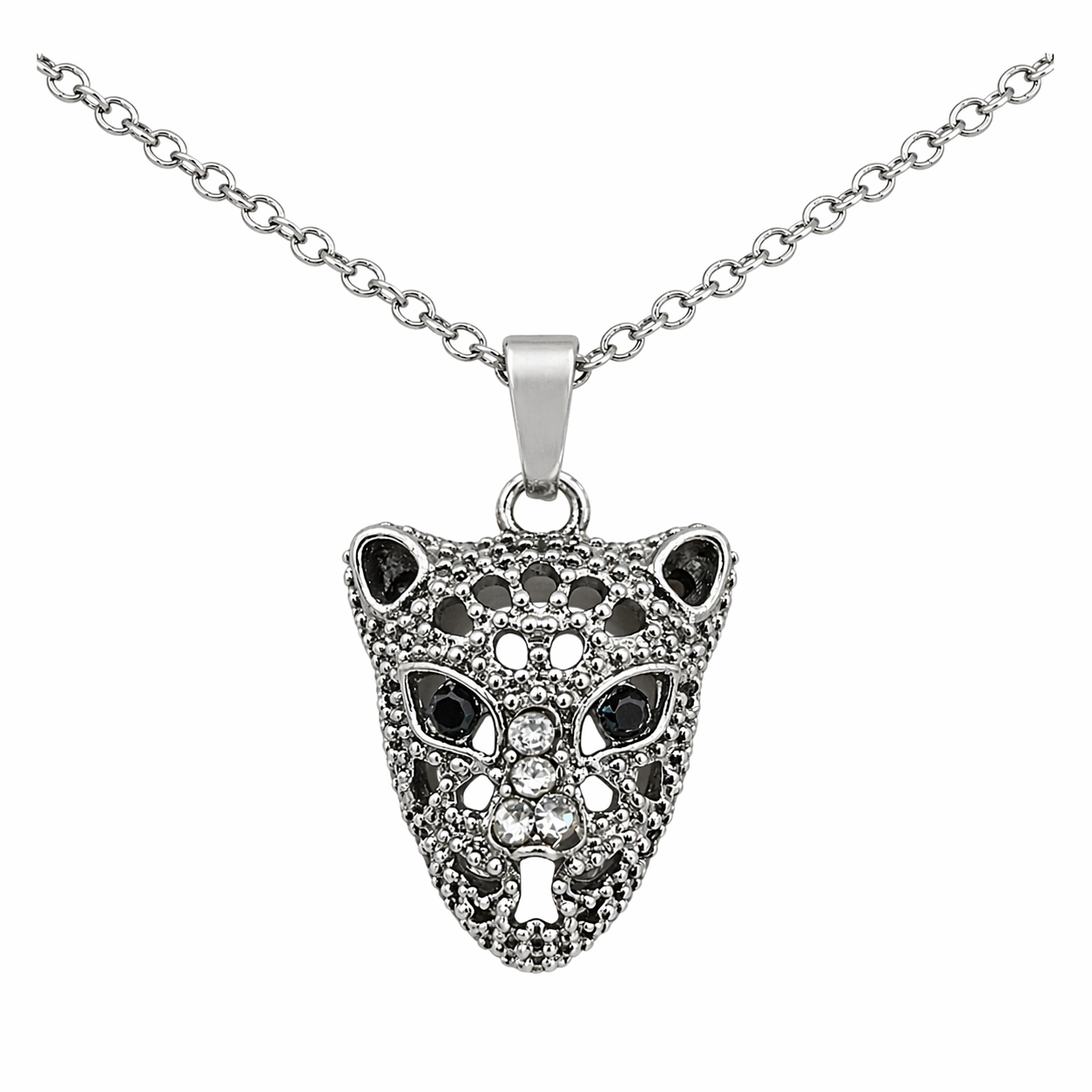 Stainless Steel Panther Filigree Head CZ Eye Pendant 18+1" Chain