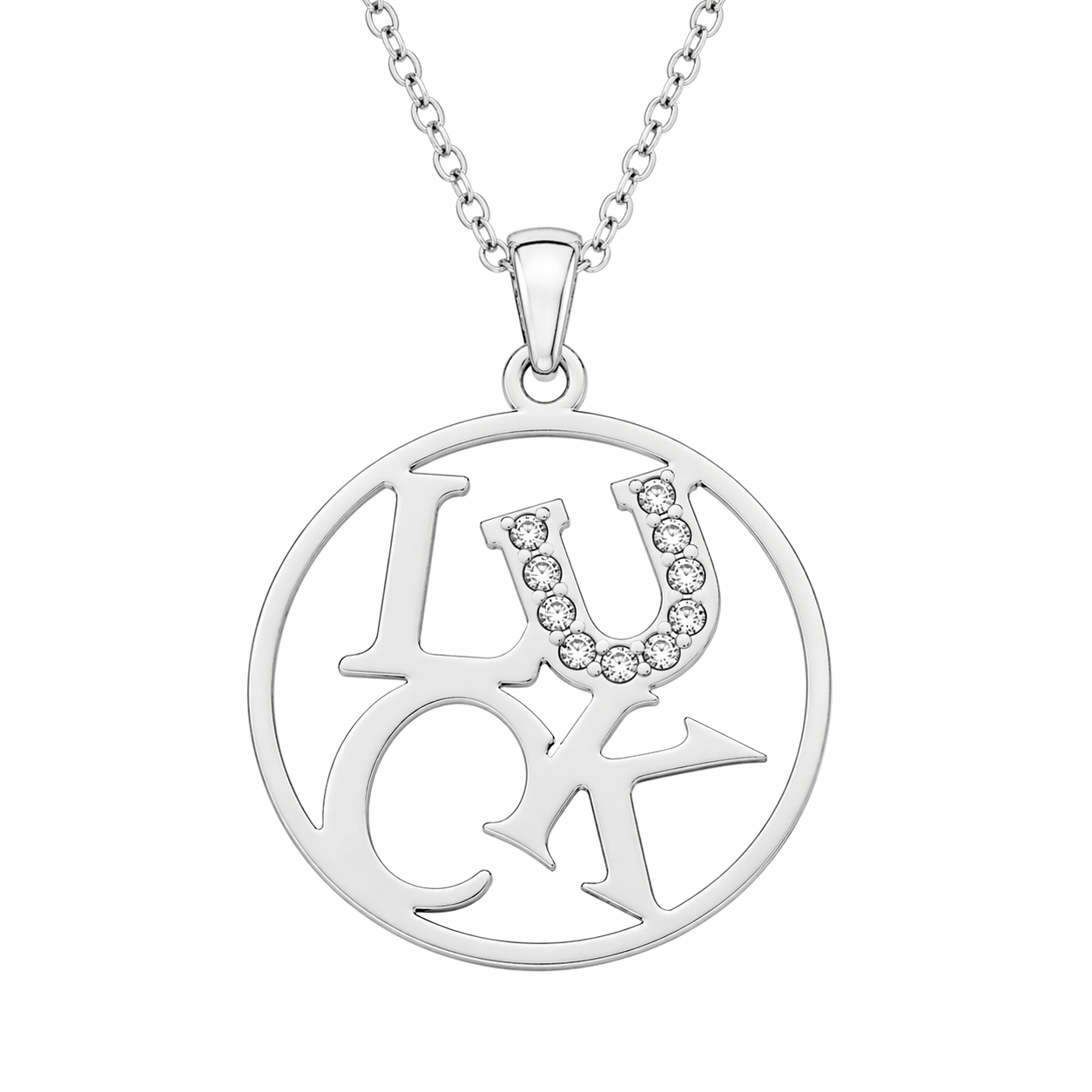 Stainless Steel Luck Clear CZ Word Pendant on 17+2" Chain Necklace