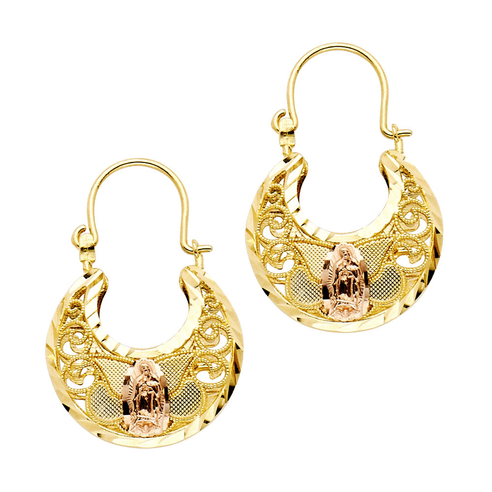 14k Tri-Color Gold Ornate Hanging Hoop Dangling Curve Crescent Cage Earrings