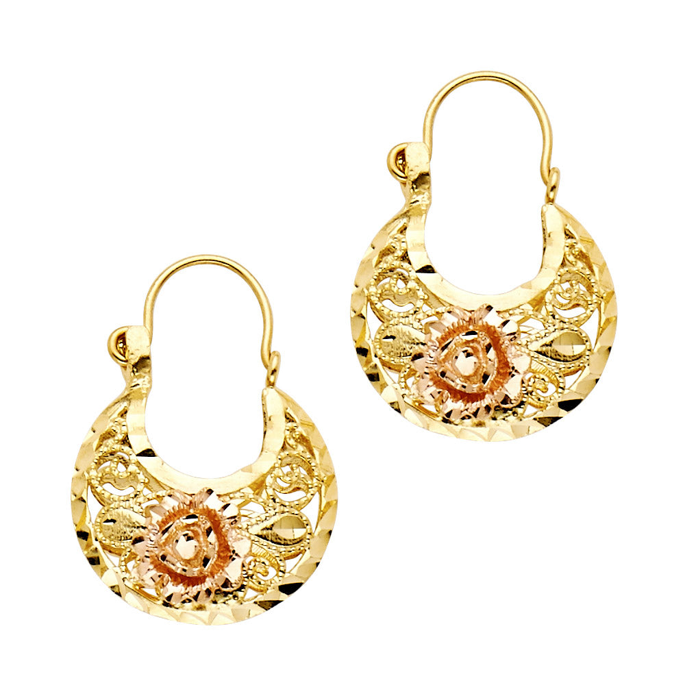 14k Two-Color Gold Ornate Rose Basket Vintage Filigree Swirl Hanging Earrings