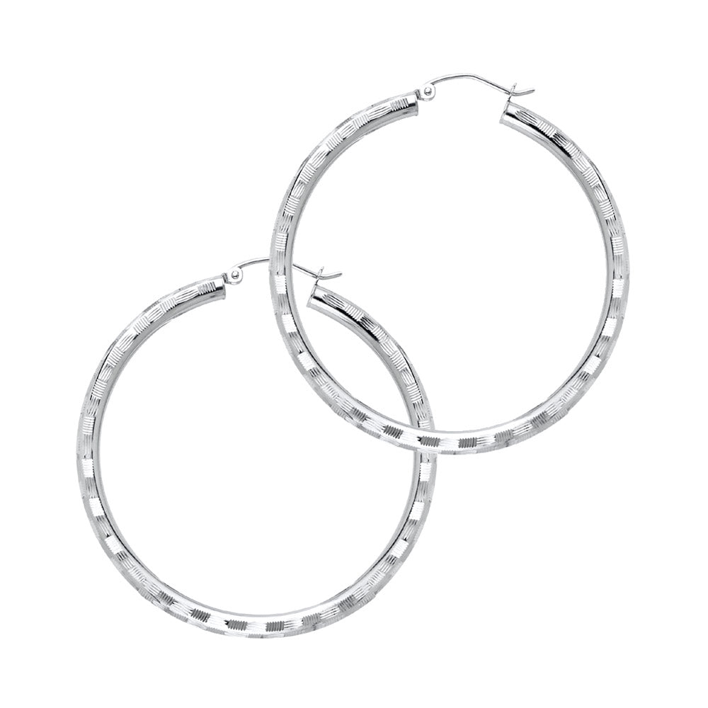 14k White Gold Round Hoop Circle Classic Stripe Earrings