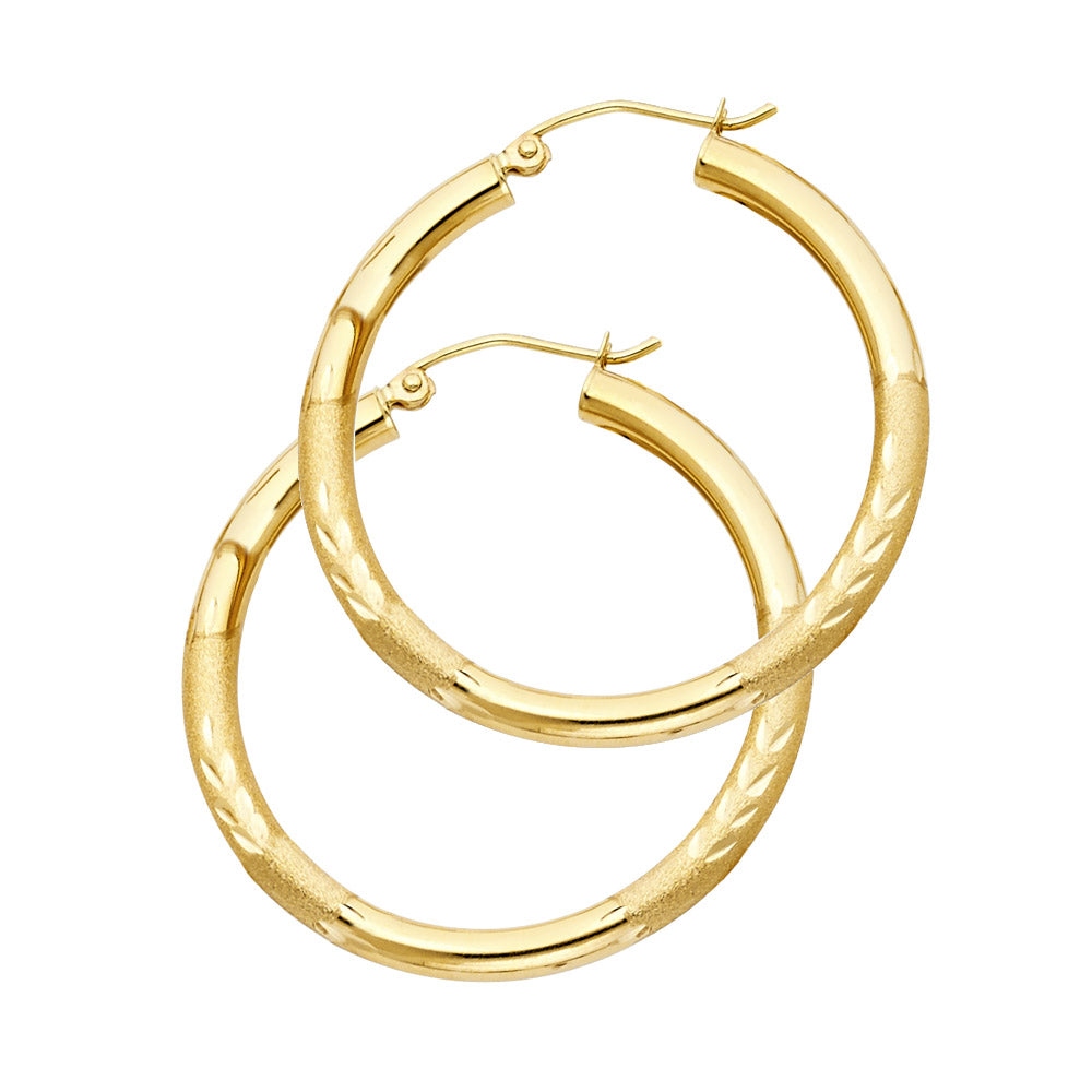 14k Yellow Gold Elegant Satin Finish Hoop Stripe Hinge Clasp Earrings
