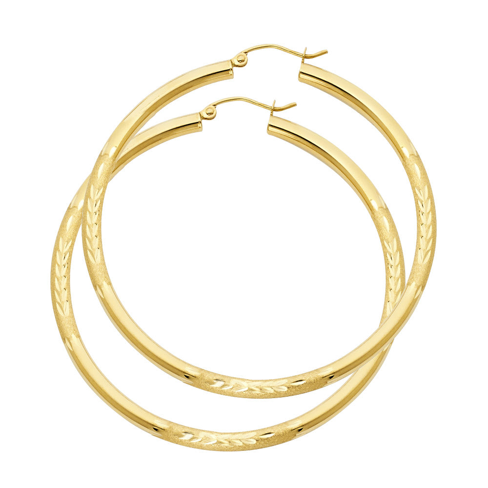 14k Yellow Gold Elegant Wide Hoop Circle Round Diamond-Cut Leaf Hinge Earrings