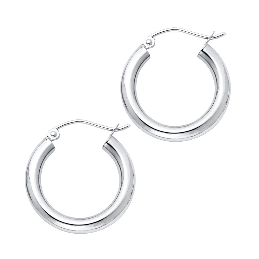 14k White Gold Simple Round Hoop High Polish Classic Earrings