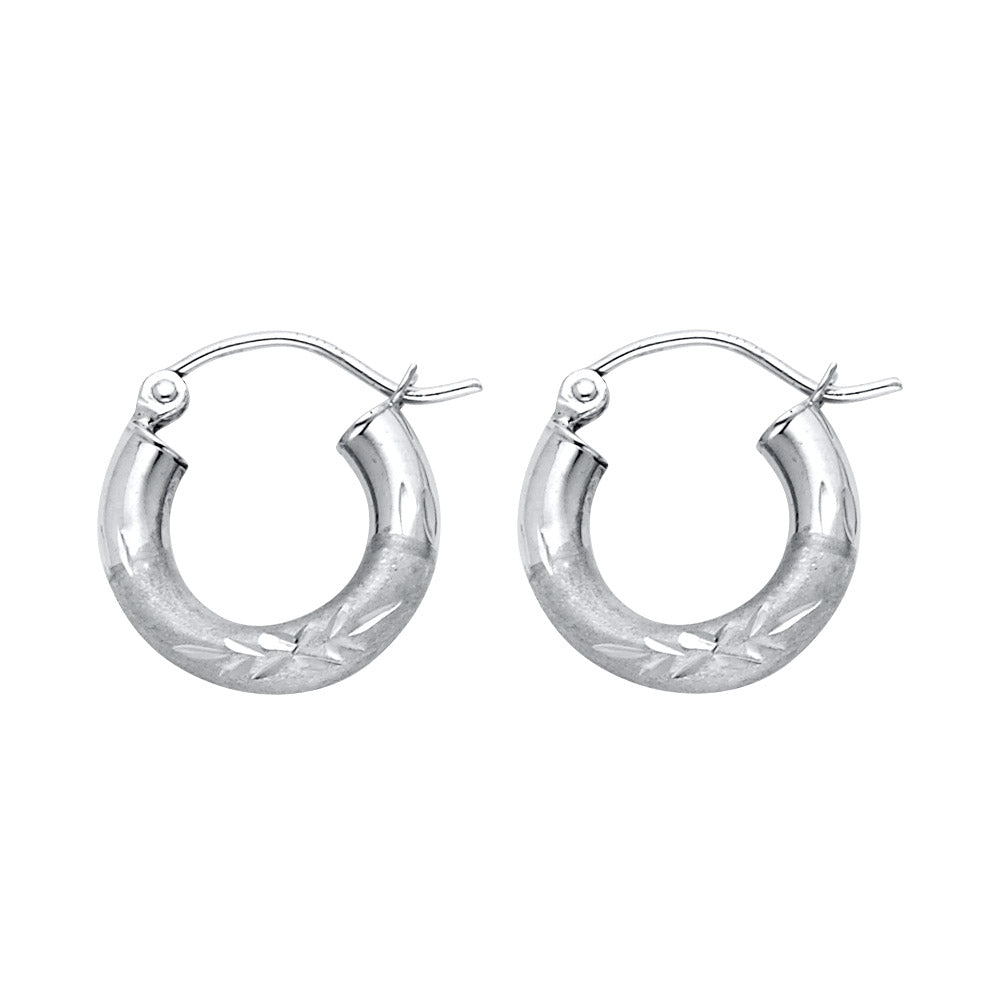 14k White Gold Elegant Vintage Hoop Etched Frosted Diamond-Cut Leaf Earrings
