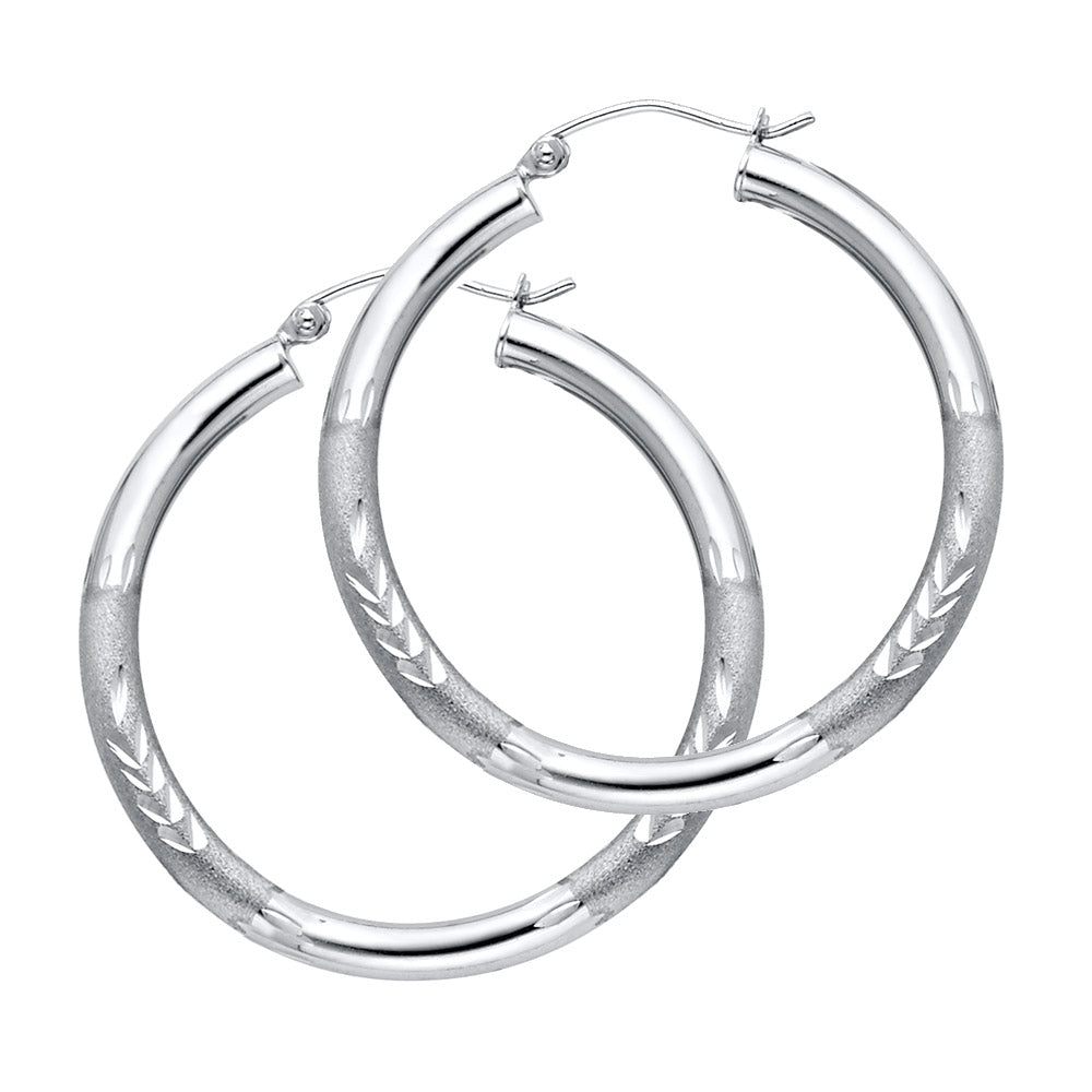 14k Yellow Gold Elegant Striped Hoop Satin Finish High Polish Leaf Earrings