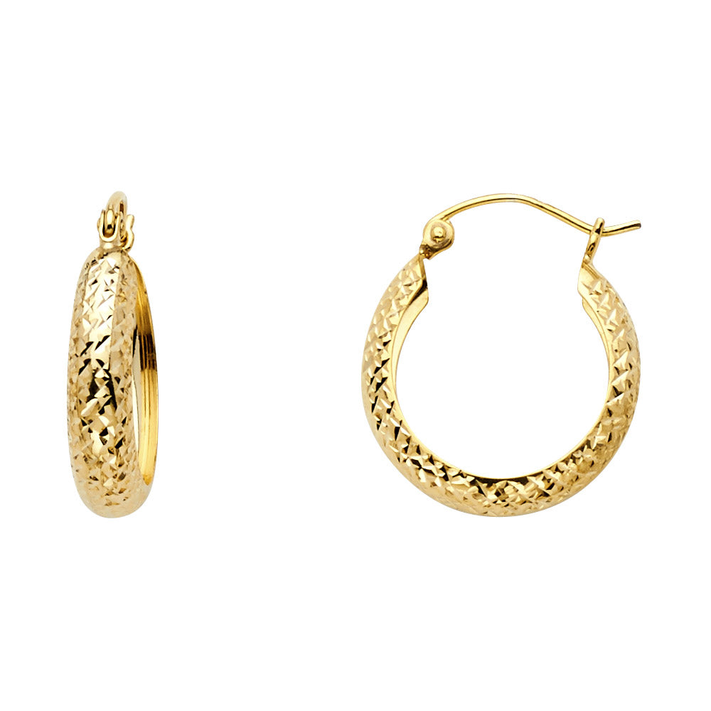 14k Yellow Gold Embossed Hoop Quilted Pattern ZigZag Circle Round Earrings