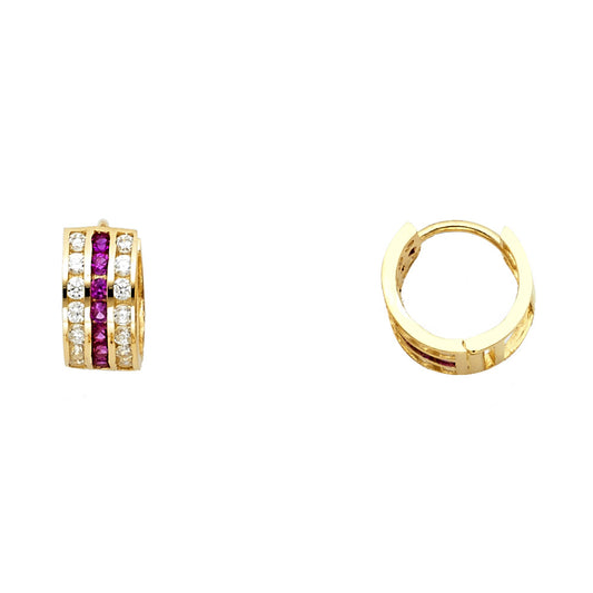 14k Yellow Gold Ornate Stripe Huggie Hoop Studded Vintage Classic Earrings
