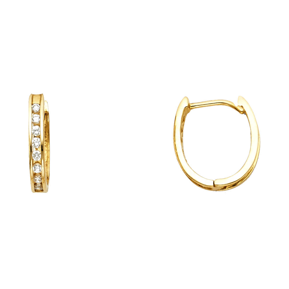 14k Yellow Gold Simple Clear CZ Studded Hoop Huggie Vintage Classic Earrings