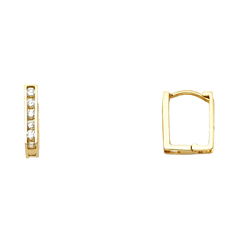 14k Yellow Gold Vintage Studded Unique Square Huggie Hoop Clear CZ Earrings