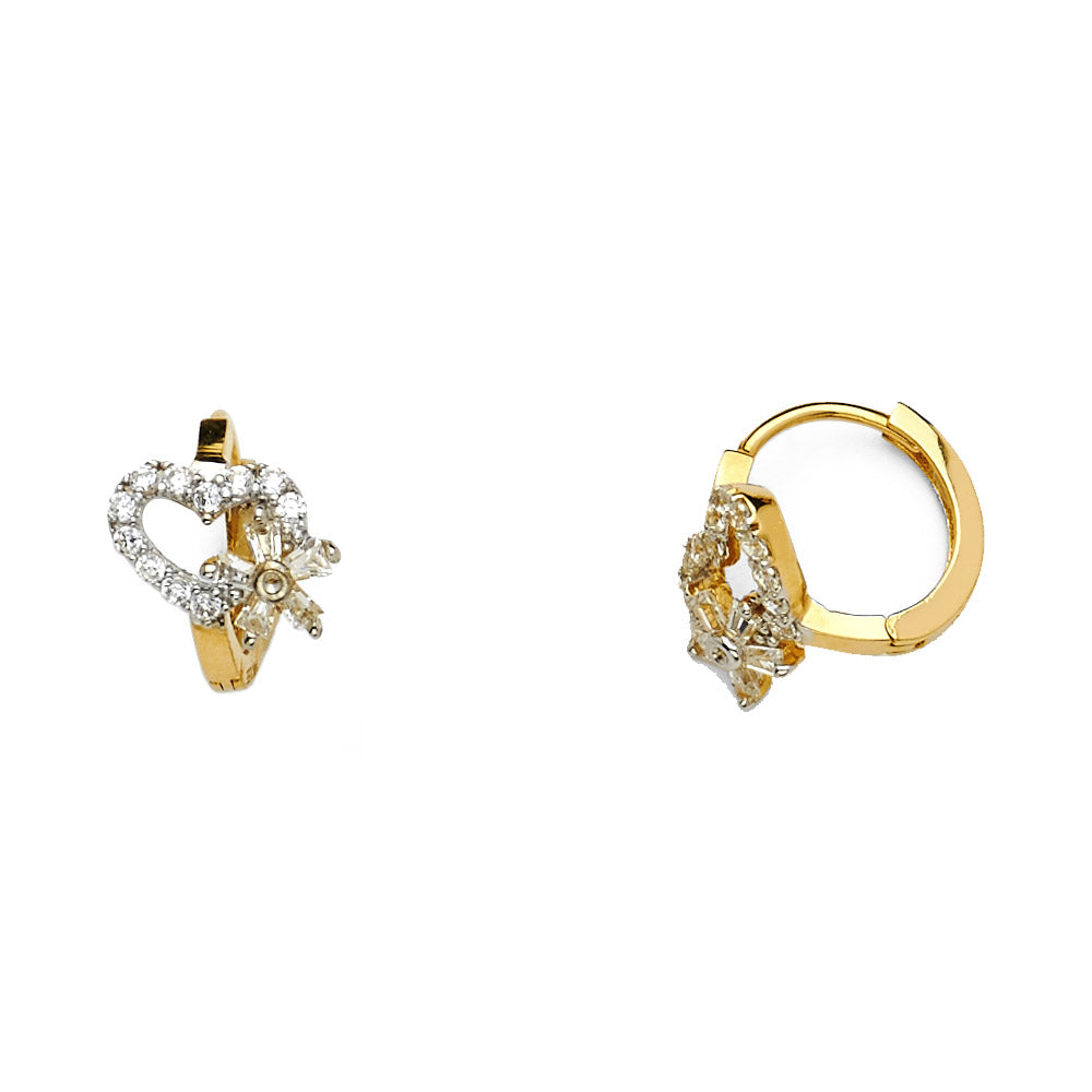 14k Yellow Gold Studded Promise Heart Hoop Huggie Ribbon Bow Earrings Clear CZ