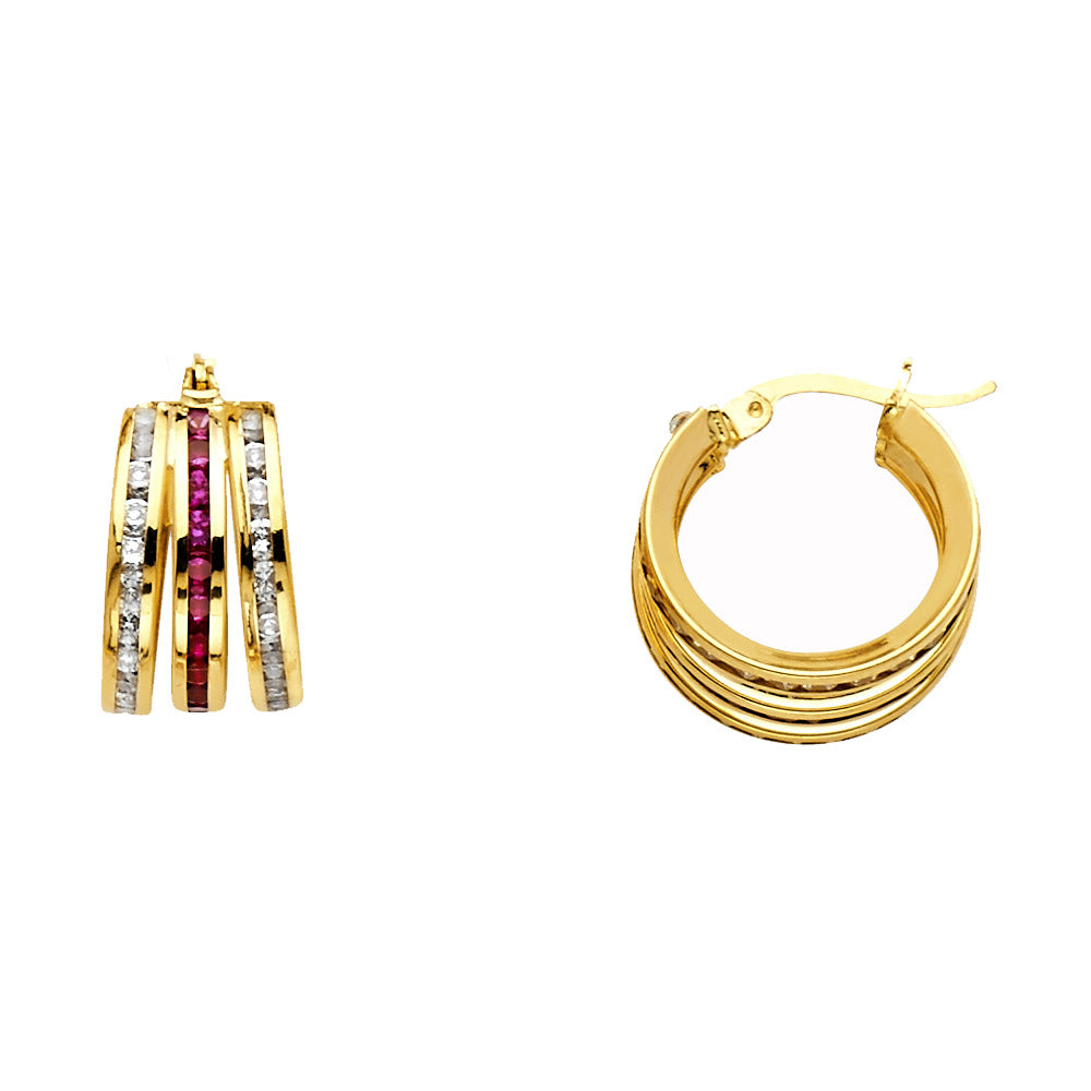 14k Yellow Gold Studded Vintage Style Hoop Three Tier Stacked Layered Earrings