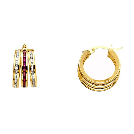 14k Yellow Gold Studded Vintage Style Hoop Three Tier Stacked Layered Earrings