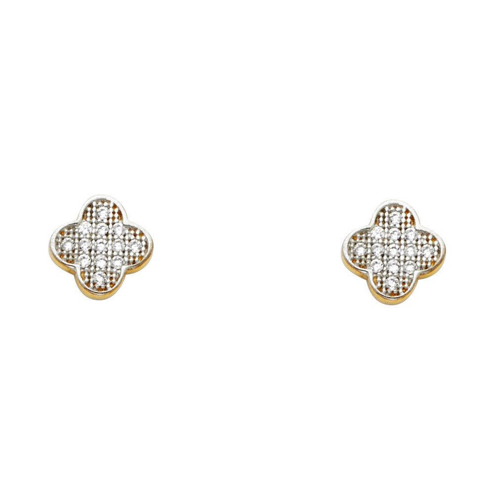 14k Yellow Gold Elegant Studded Quatrefoil Stud Flower Simple Studded Earrings