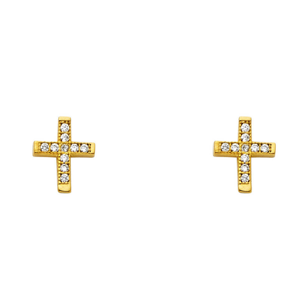 14k Yellow Gold Simple Studded Cross Stud Classic Jesus Christ Earrings
