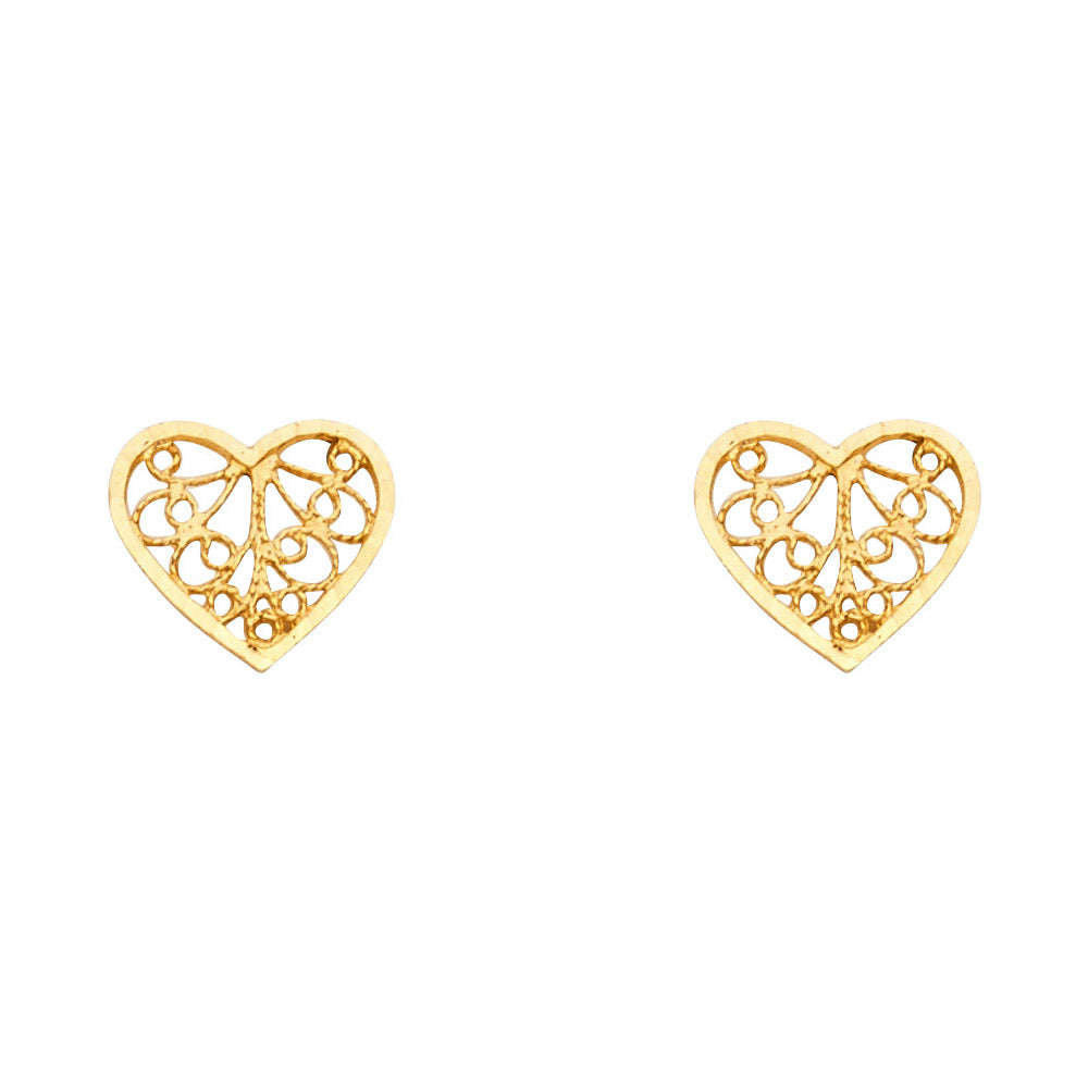 14k Yellow Gold Filigree Swirl Heart Stud Promise Love Cutout Earrings