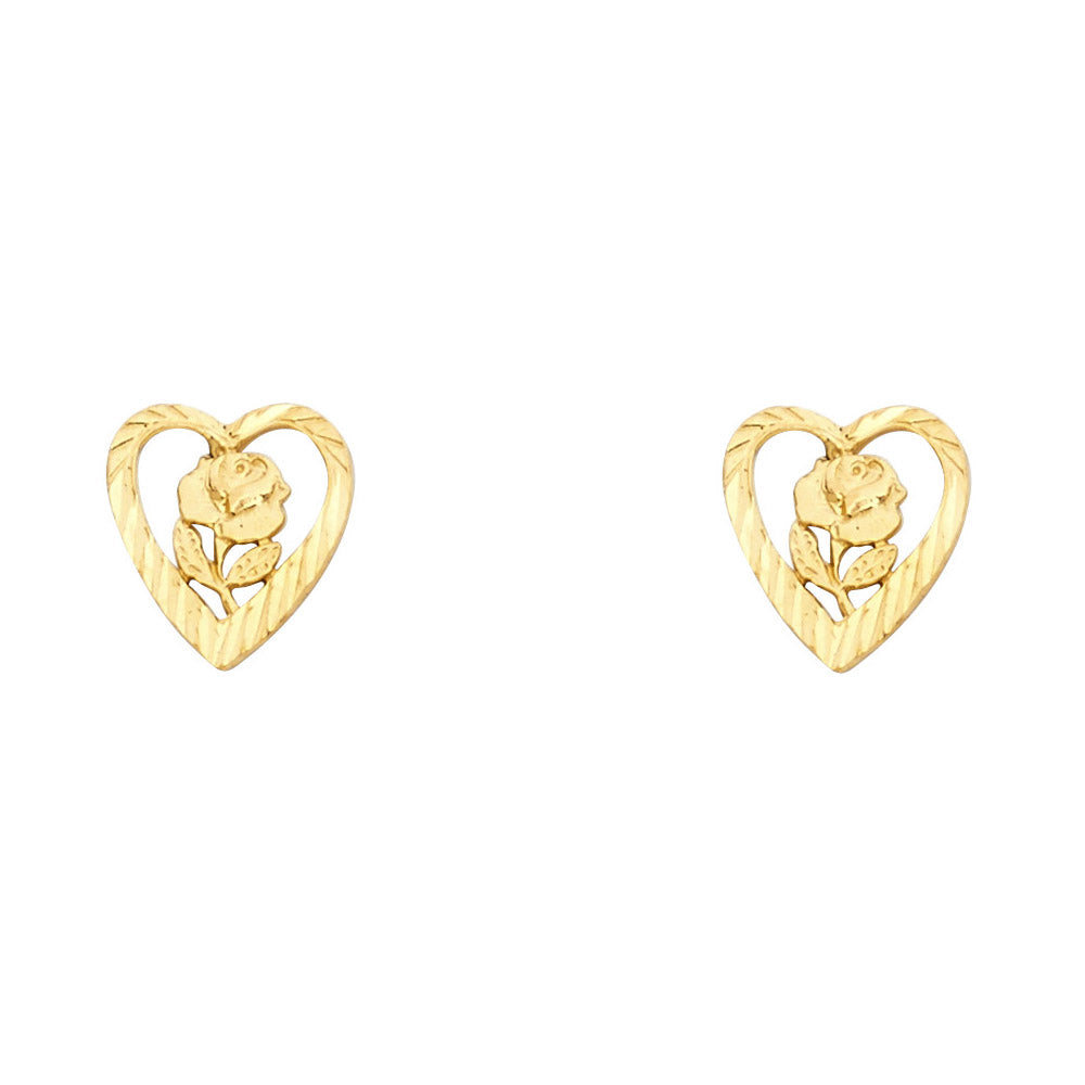 14k Yellow Gold Elegant Promise Heart Stud Rose Flower Flat Cutout Earrings