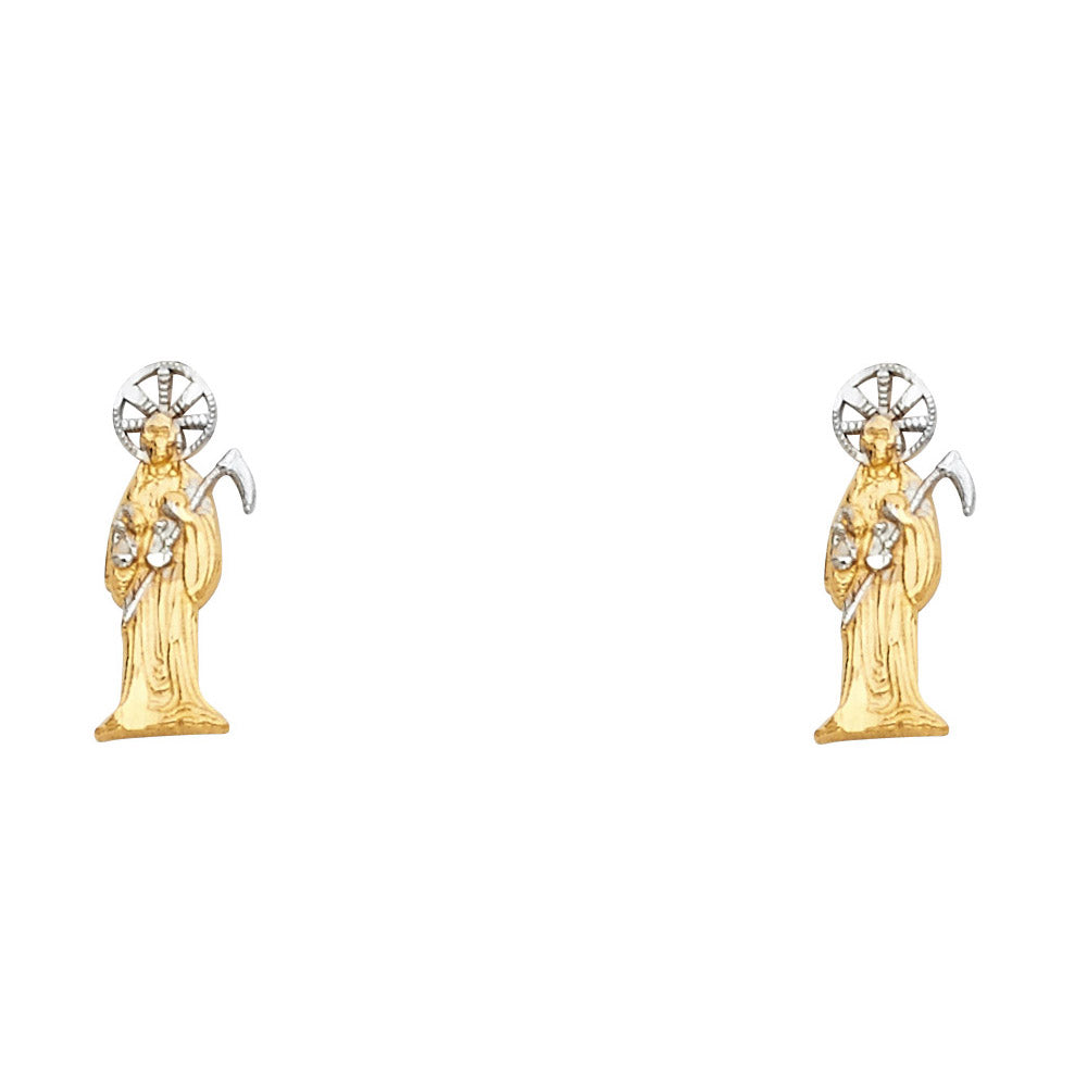 14k Yellow Gold Santa Muerte Earrings Stud Angel of Death Catholic