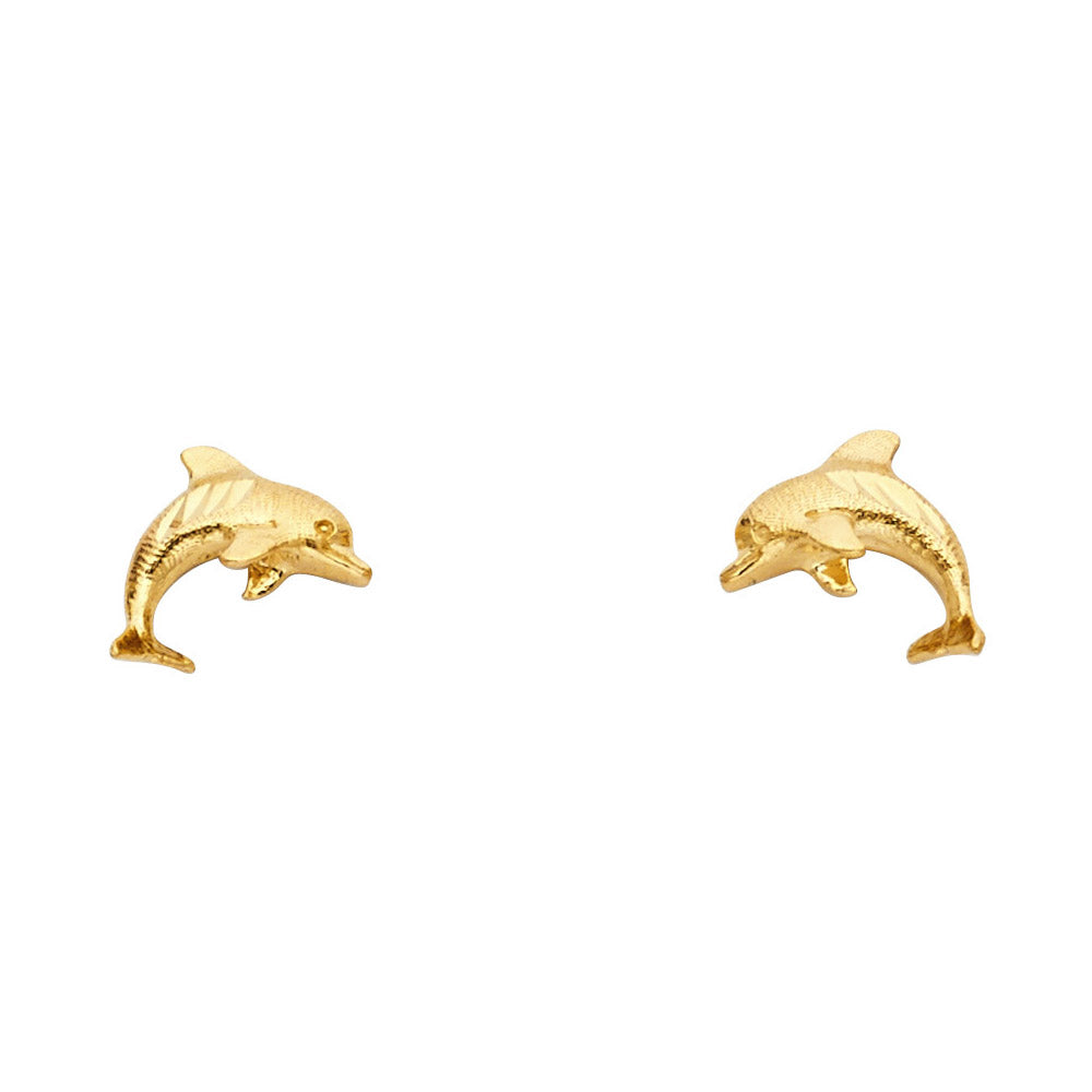 14k Yellow Gold Diamond-Cut Dolphin Stud Animal Ocean Beach Tropical Earrings
