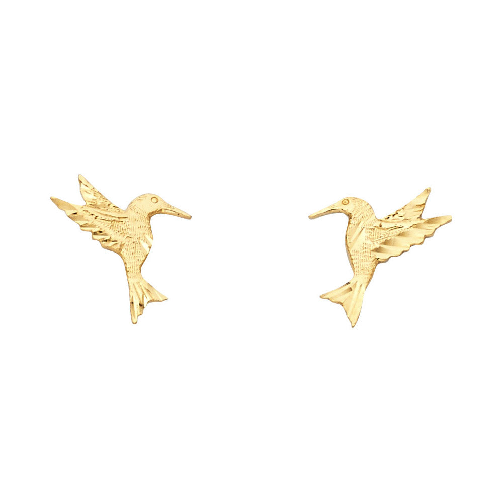 14k Yellow Gold Flying Hummingbird Stud Animal Bird Garden Pollinator Earrings