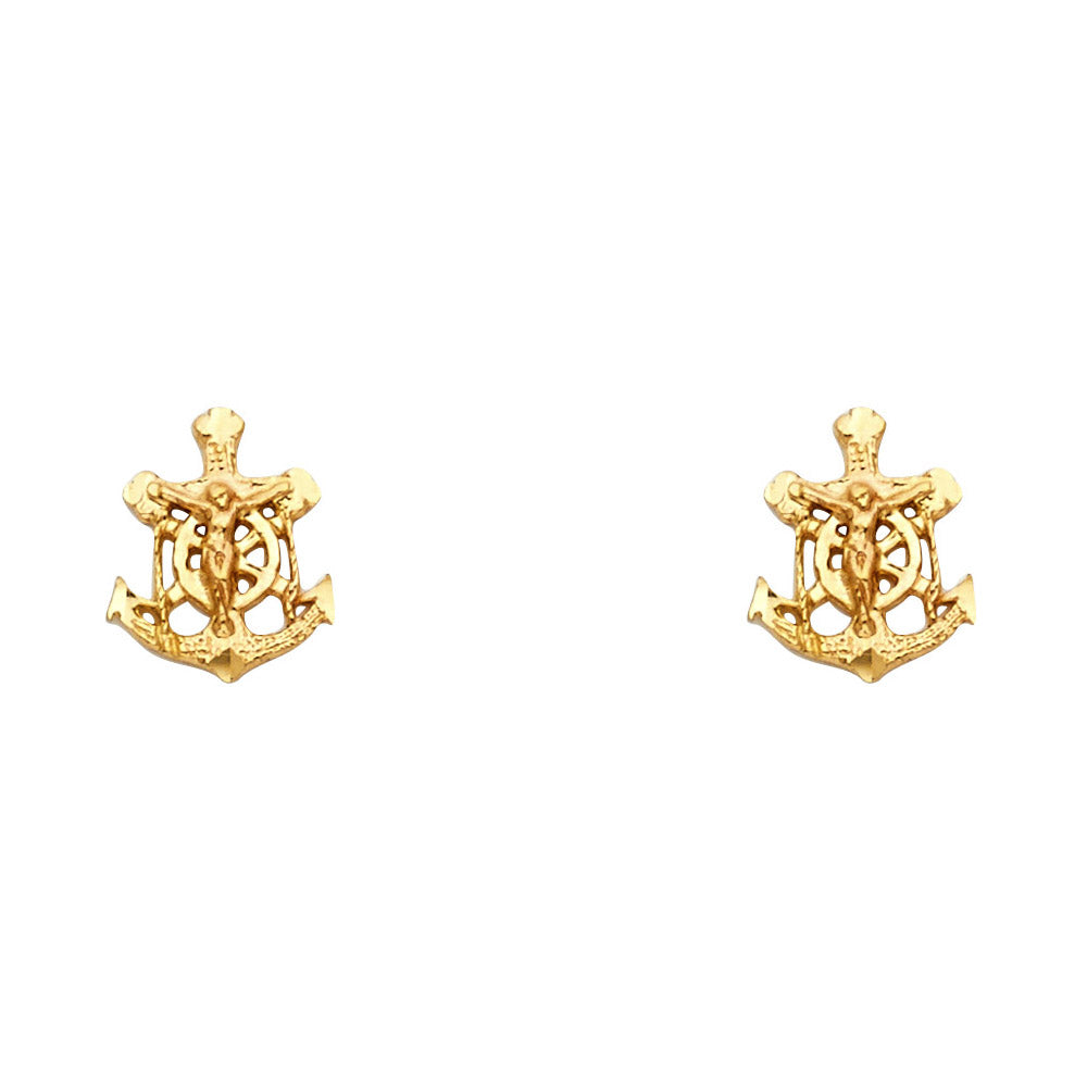 14k Yellow Gold Crucifix Cross Stud Ship Ocean Anchor Earrings
