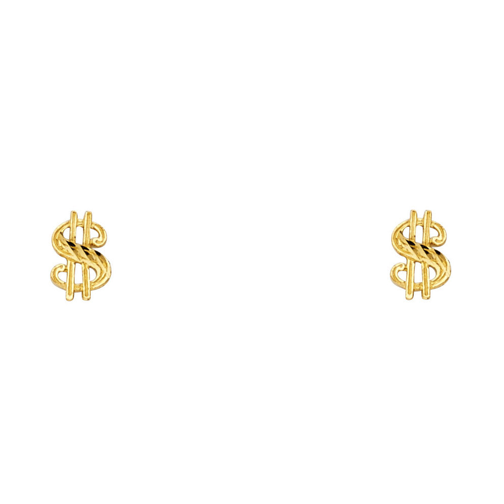 14k Yellow Gold $ Money Symbol Stud Dollar Sign Bling Cash High Polish Earrings