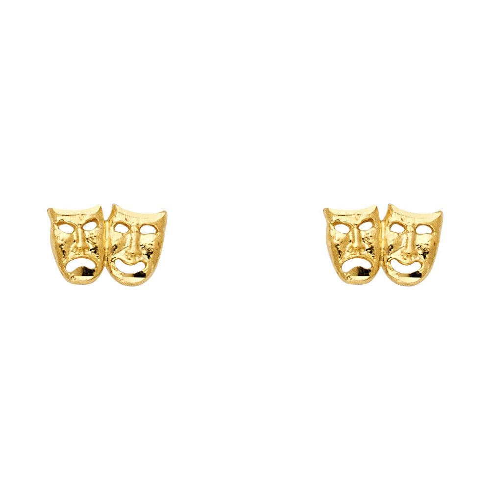 14k Yellow Gold Comedy Tragedy Masks Stud Happy Sad Face Theatre Drama Earrings