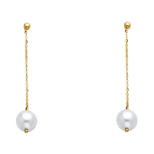 14k Yellow Gold Elongated Bead Drop Dangle Hanging Chain Earrings
